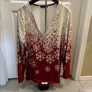 Red and White V-Neck Snowflake Blouse